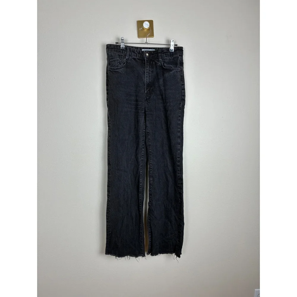 Zara Womens High Waisted Wide Leg‎ Jeans Washed Black Frayed Hem Size 6 (K15)